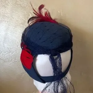 SMART 1930s\' DARK COBALT BLUE FELT HAT + BLUE/RED/BURGUNDY FEATHERS & NAVY VEIL Accessories | Smart 193s Dark Cobalt Blue Felt Hat  main image 4